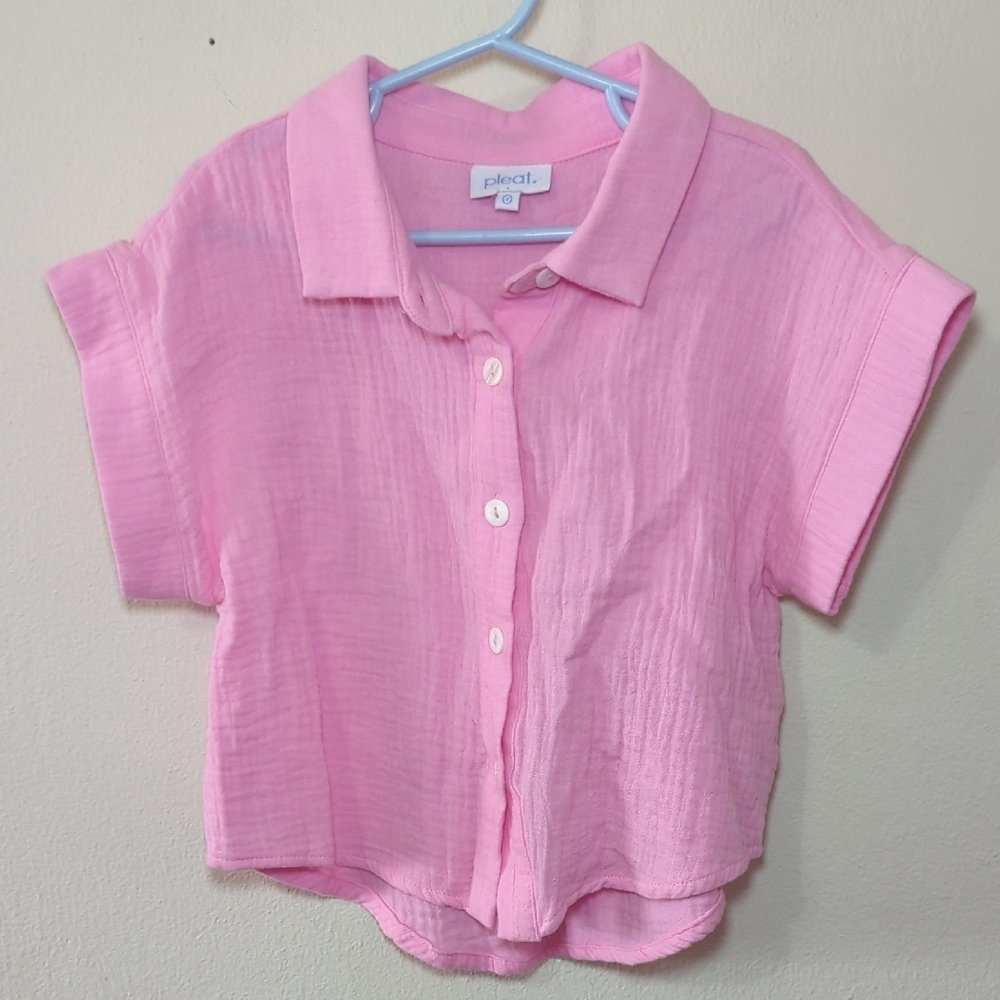 Pleat Pink Button-Down Shirt Cuffed Short Sleeves 100% Cotton Girls Size 7